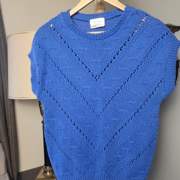 Womens 80s 90s Short Sleeve Knit Sweater Blue - Picture 2 of 9